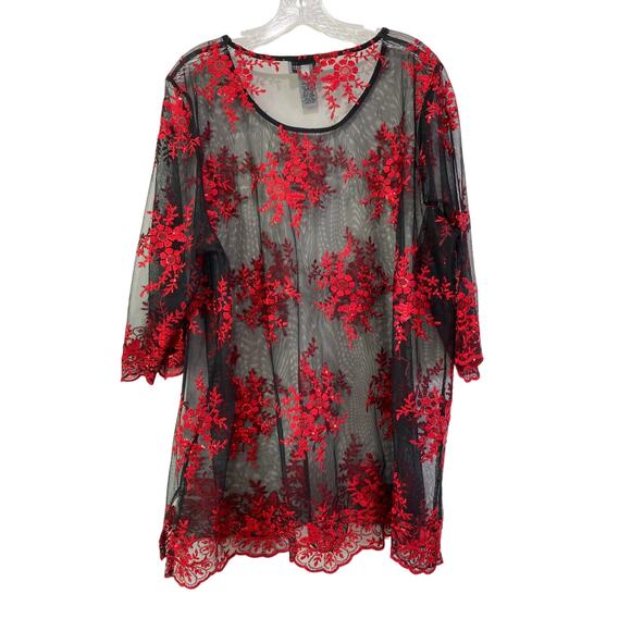 Catherines Sheer Mesh Embroidered Sequins Top Sz 1X Red Black Witchy Renaissance - Picture 9 of 9
